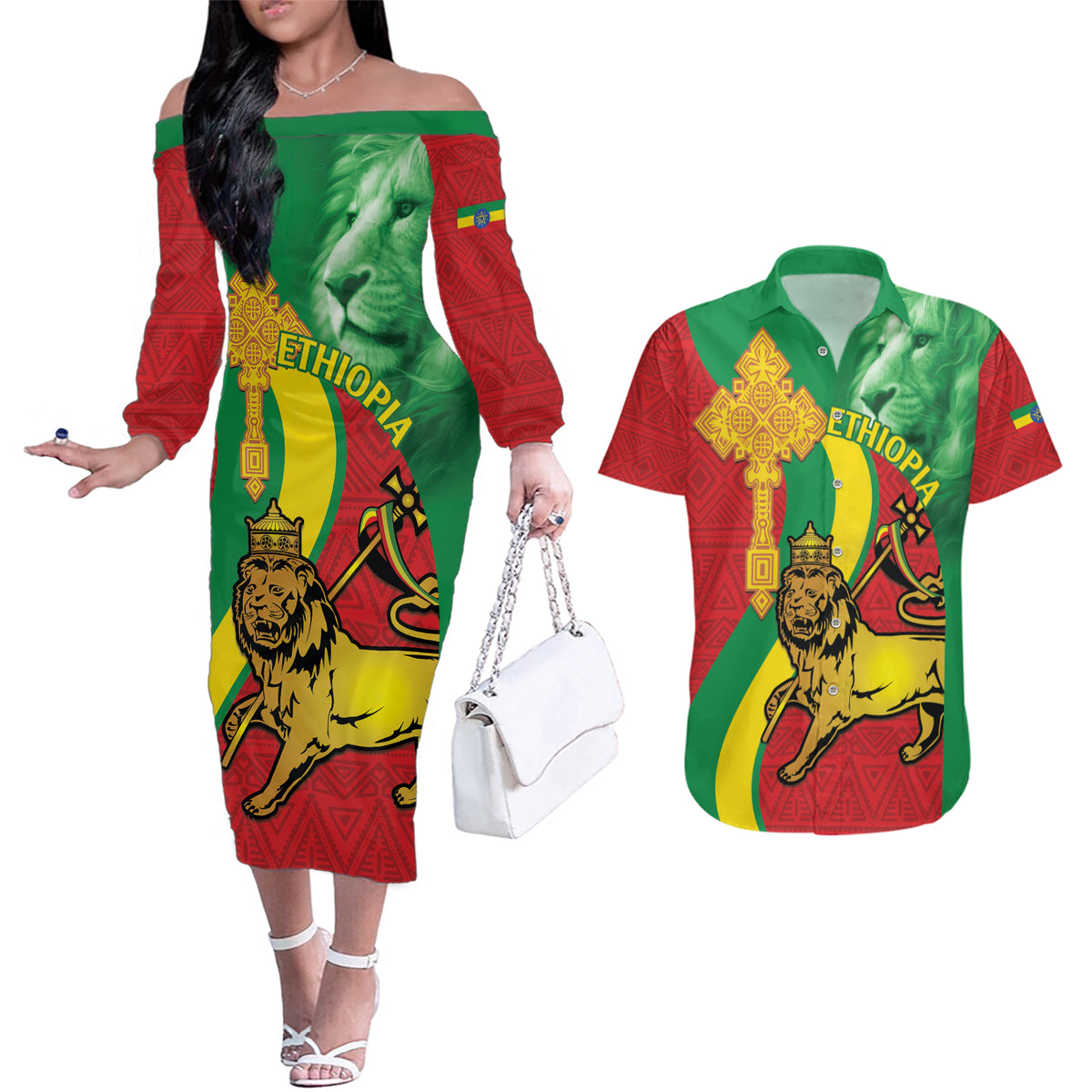 Ethiopia National Day Couples Matching Off The Shoulder Long Sleeve Dress and Hawaiian Shirt Ethiopia Lion of Judah African Pattern - Wonder Print Shop
