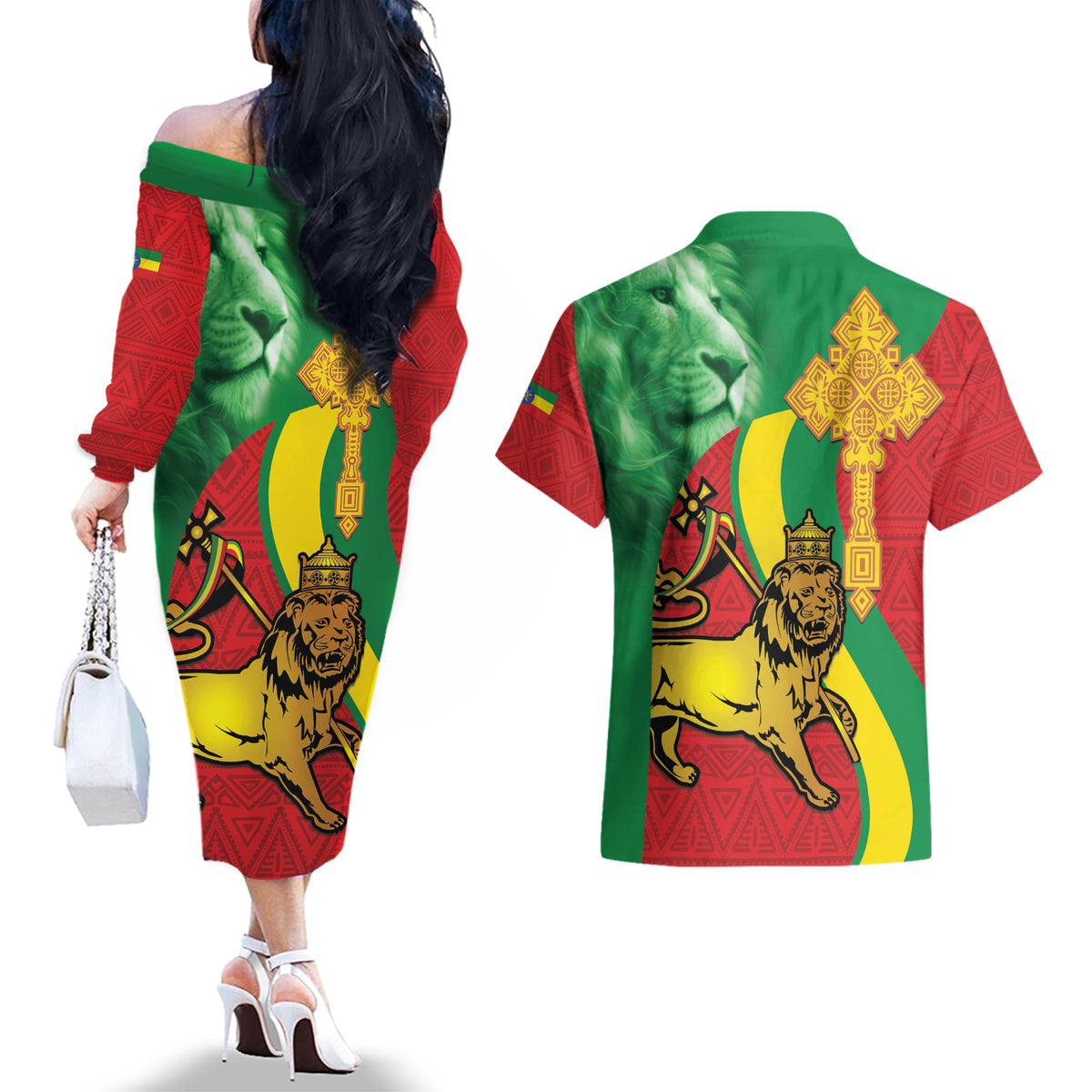 Ethiopia National Day Couples Matching Off The Shoulder Long Sleeve Dress and Hawaiian Shirt Ethiopia Lion of Judah African Pattern - Wonder Print Shop