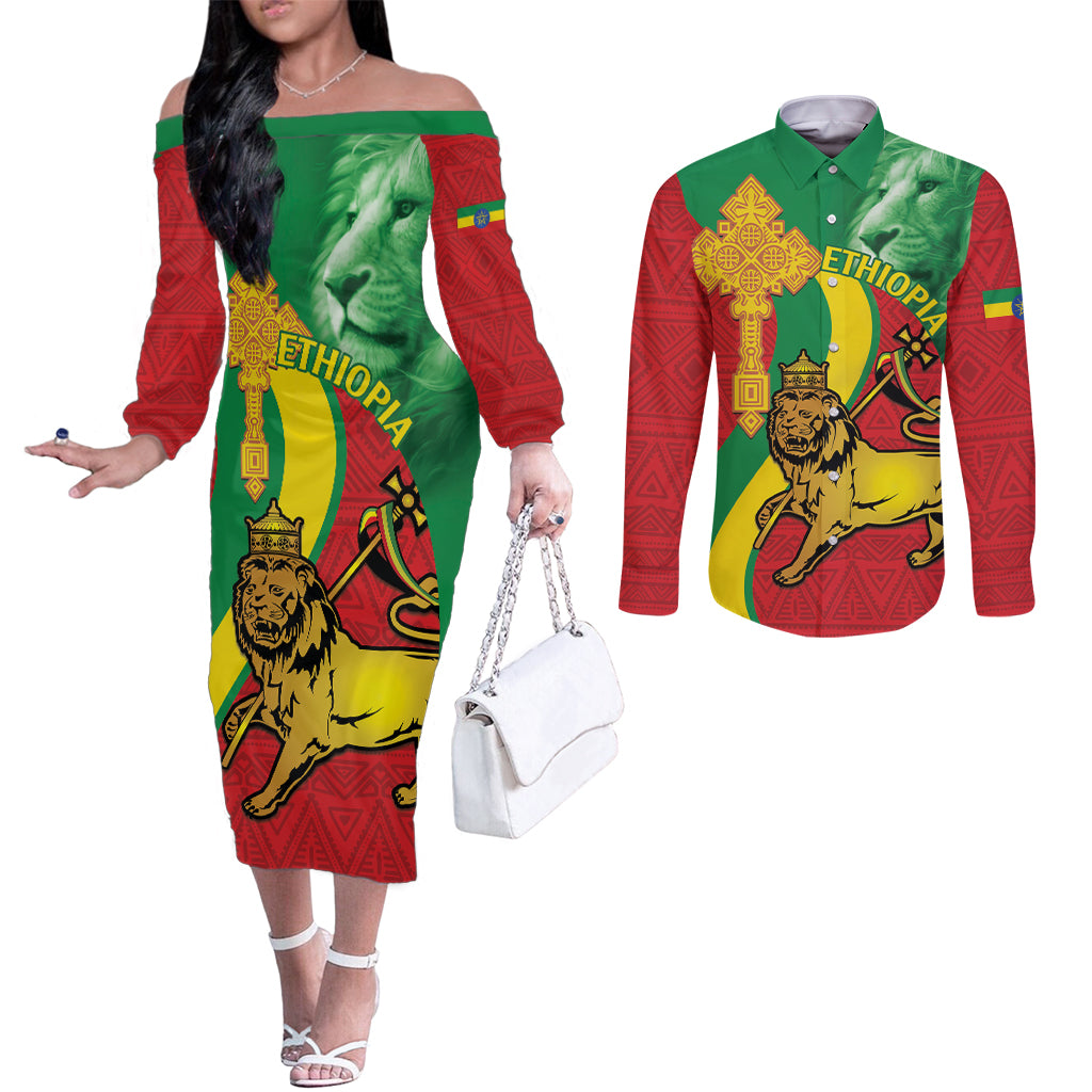 Ethiopia National Day Couples Matching Off The Shoulder Long Sleeve Dress and Long Sleeve Button Shirt Ethiopia Lion of Judah African Pattern