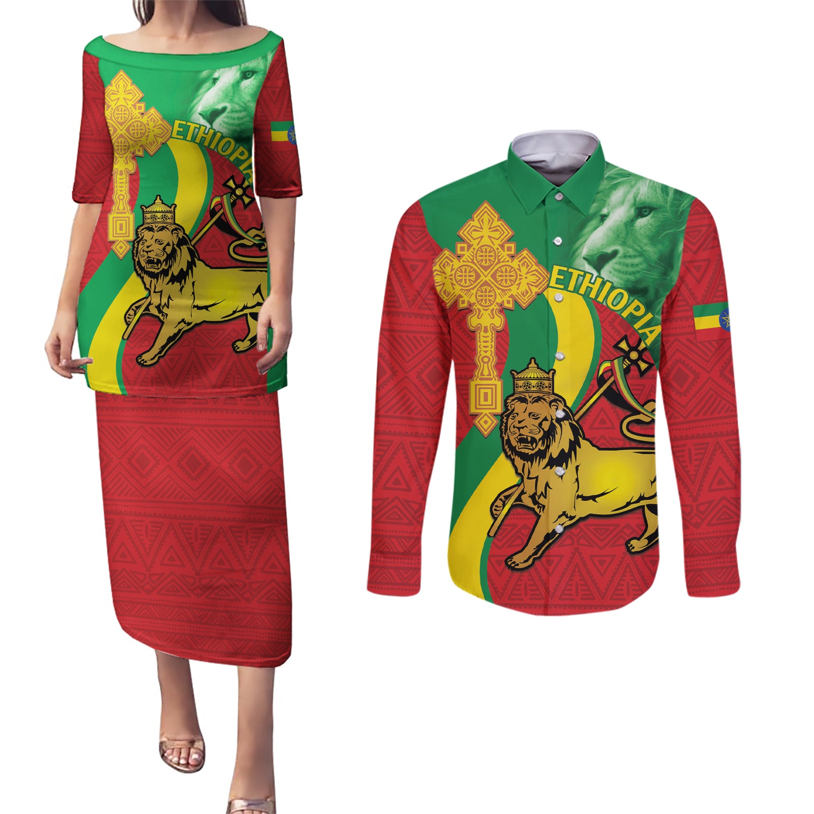 Ethiopia National Day Couples Matching Puletasi and Long Sleeve Button Shirt Ethiopia Lion of Judah African Pattern