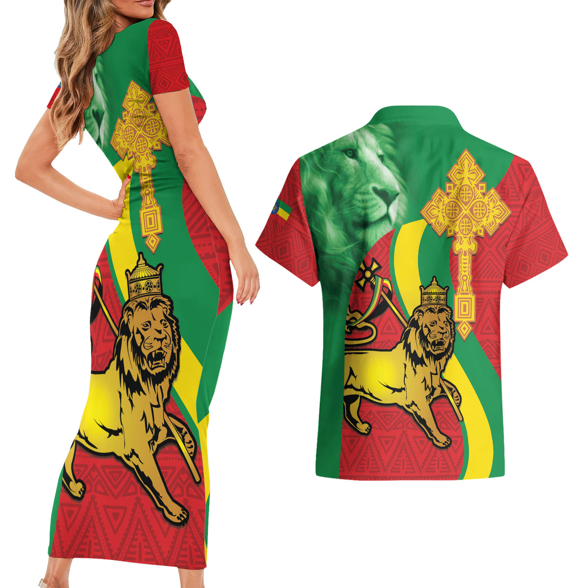 Ethiopia National Day Couples Matching Short Sleeve Bodycon Dress and Hawaiian Shirt Ethiopia Lion of Judah African Pattern - Wonder Print Shop