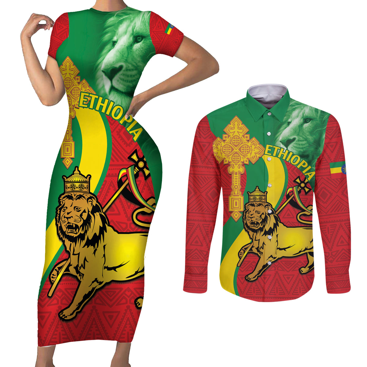 Ethiopia National Day Couples Matching Short Sleeve Bodycon Dress and Long Sleeve Button Shirt Ethiopia Lion of Judah African Pattern - Wonder Print Shop