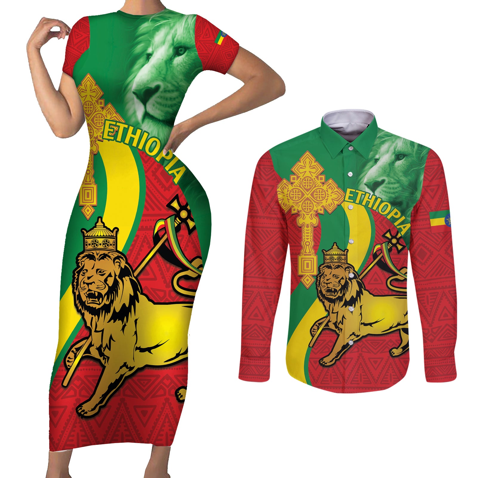 Ethiopia National Day Couples Matching Short Sleeve Bodycon Dress and Long Sleeve Button Shirt Ethiopia Lion of Judah African Pattern