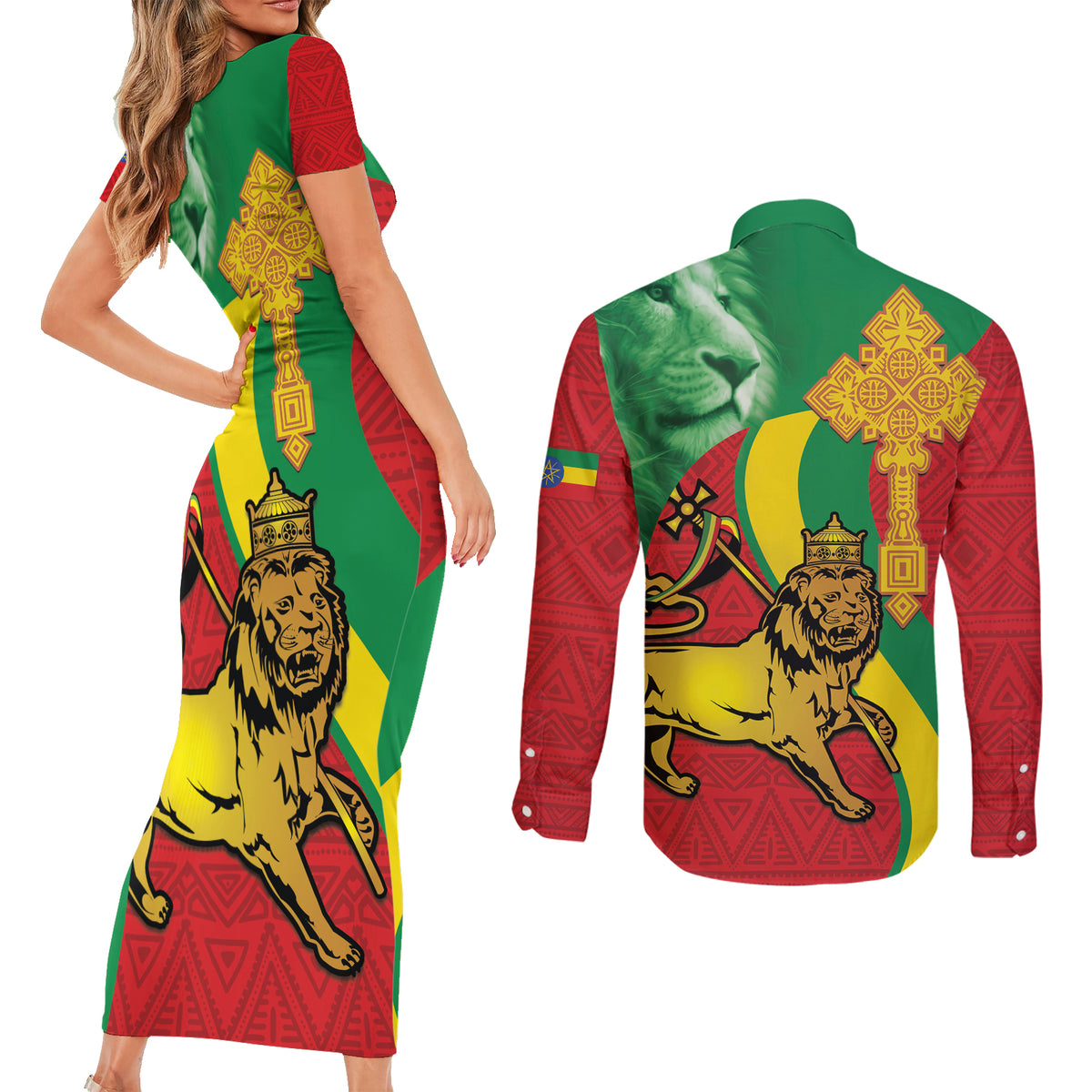 Ethiopia National Day Couples Matching Short Sleeve Bodycon Dress and Long Sleeve Button Shirt Ethiopia Lion of Judah African Pattern - Wonder Print Shop