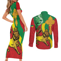 Ethiopia National Day Couples Matching Short Sleeve Bodycon Dress and Long Sleeve Button Shirt Ethiopia Lion of Judah African Pattern - Wonder Print Shop