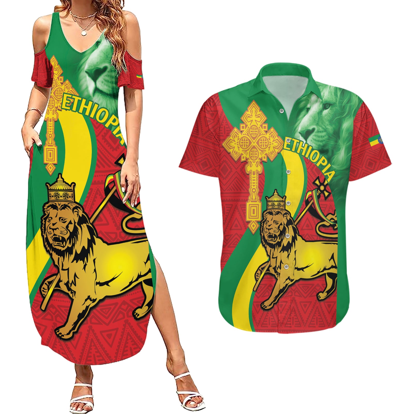 Ethiopia National Day Couples Matching Summer Maxi Dress and Hawaiian Shirt Ethiopia Lion of Judah African Pattern