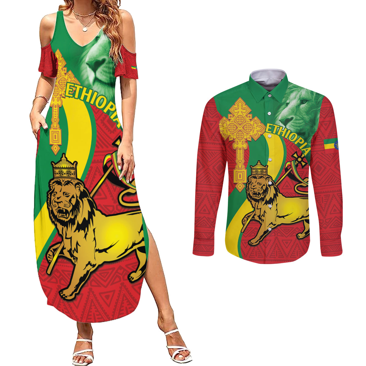 Ethiopia National Day Couples Matching Summer Maxi Dress and Long Sleeve Button Shirt Ethiopia Lion of Judah African Pattern - Wonder Print Shop