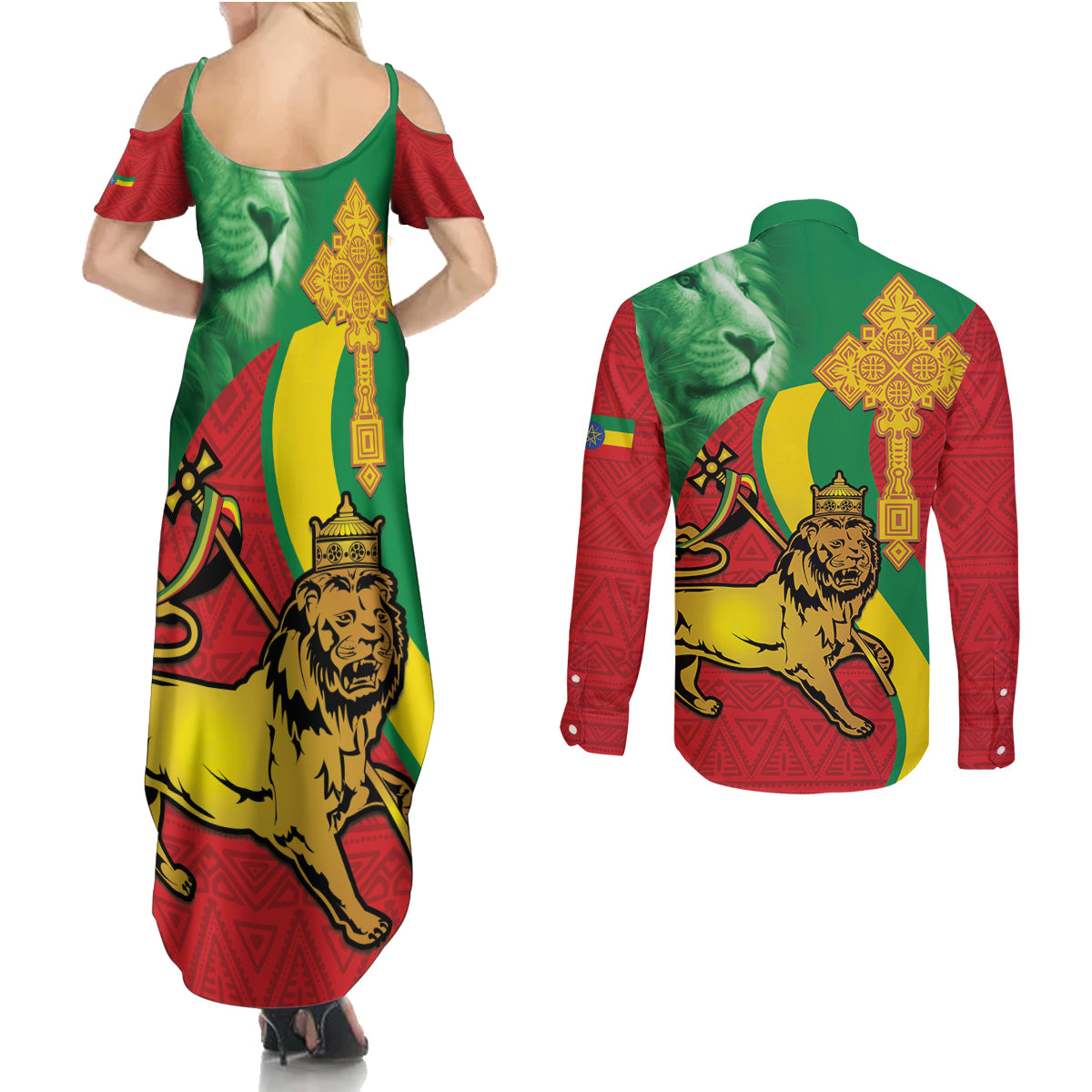 Ethiopia National Day Couples Matching Summer Maxi Dress and Long Sleeve Button Shirt Ethiopia Lion of Judah African Pattern - Wonder Print Shop