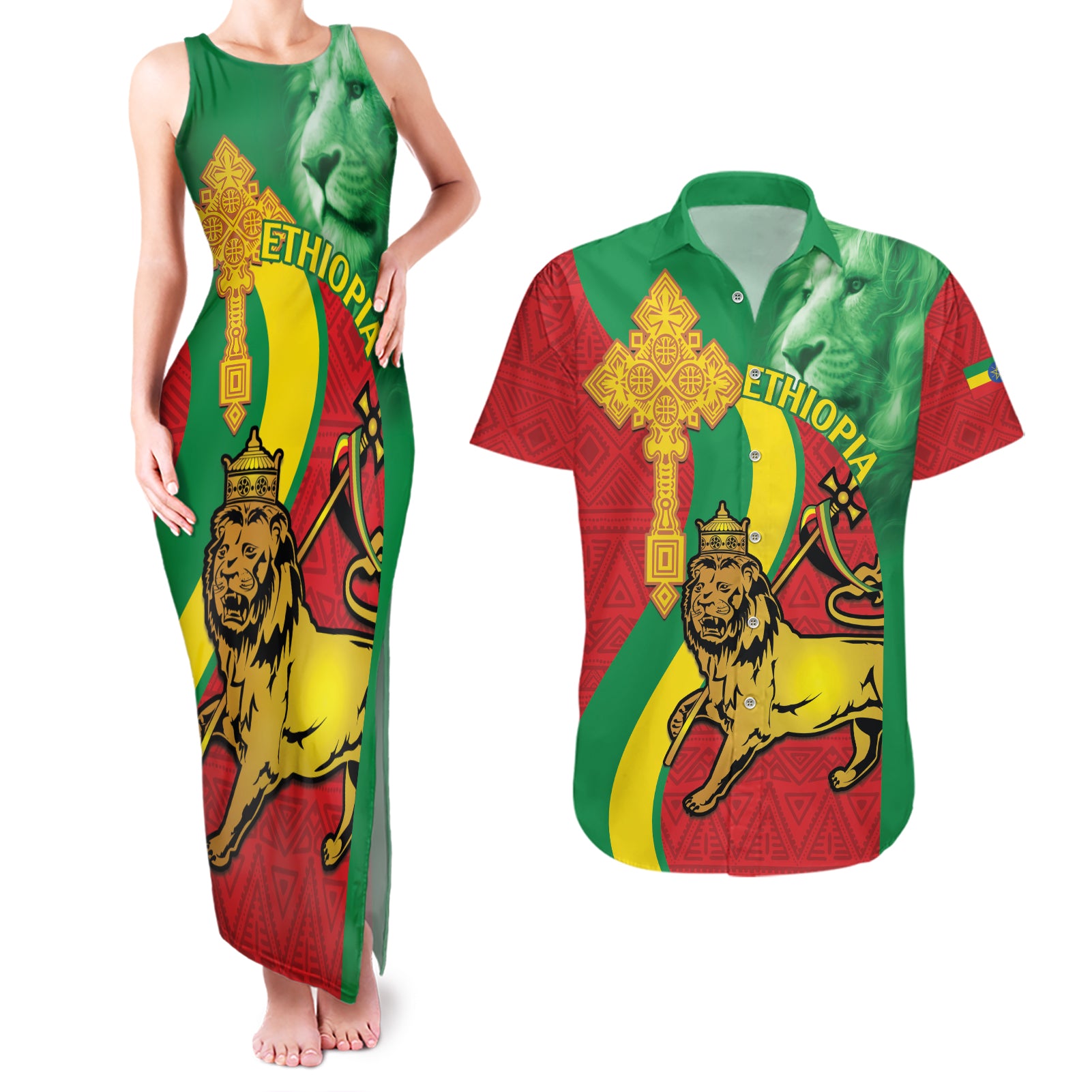 Ethiopia National Day Couples Matching Tank Maxi Dress and Hawaiian Shirt Ethiopia Lion of Judah African Pattern