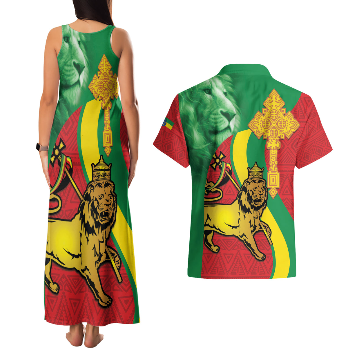 Ethiopia National Day Couples Matching Tank Maxi Dress and Hawaiian Shirt Ethiopia Lion of Judah African Pattern - Wonder Print Shop