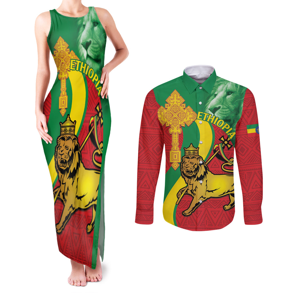 Ethiopia National Day Couples Matching Tank Maxi Dress and Long Sleeve Button Shirt Ethiopia Lion of Judah African Pattern - Wonder Print Shop