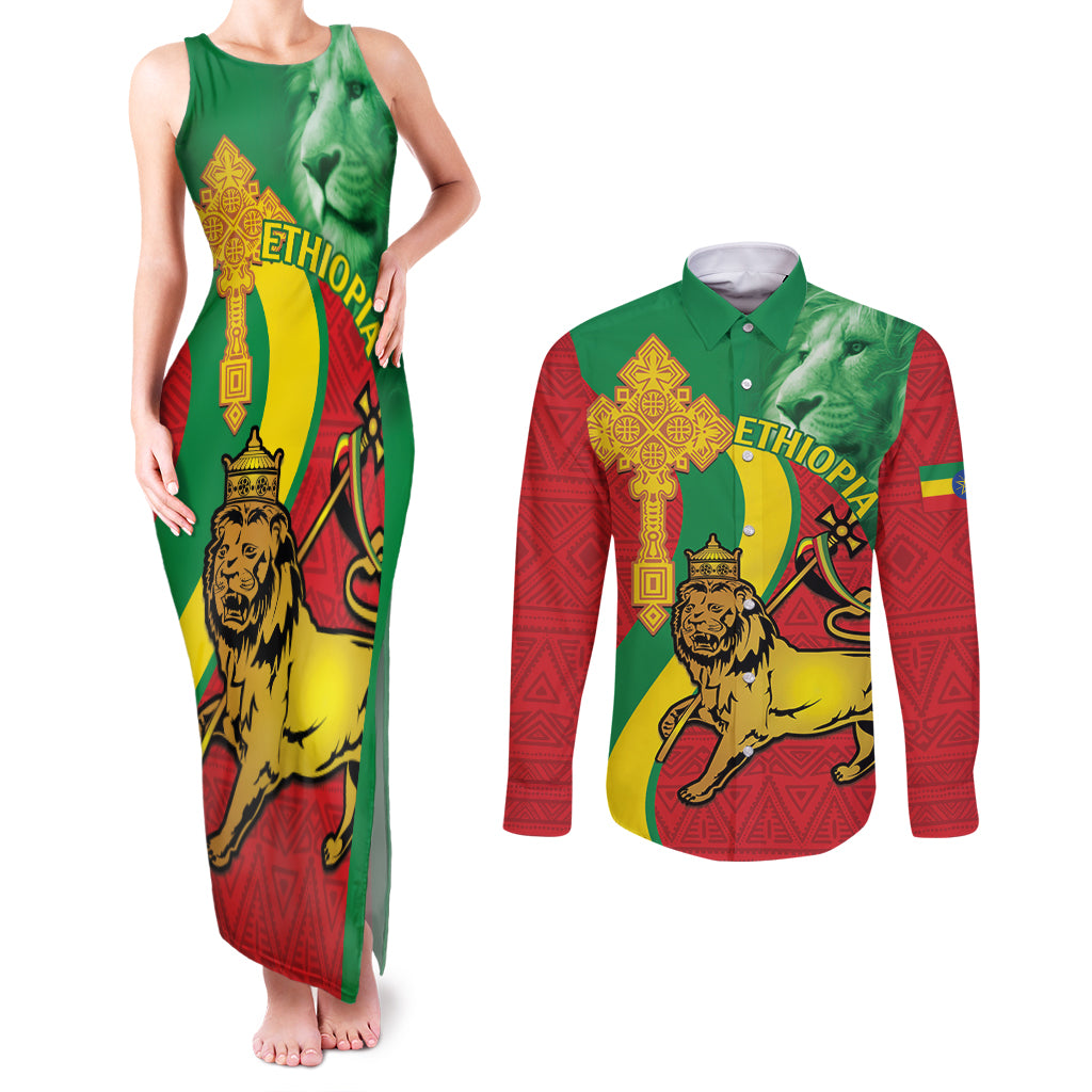 Ethiopia National Day Couples Matching Tank Maxi Dress and Long Sleeve Button Shirt Ethiopia Lion of Judah African Pattern