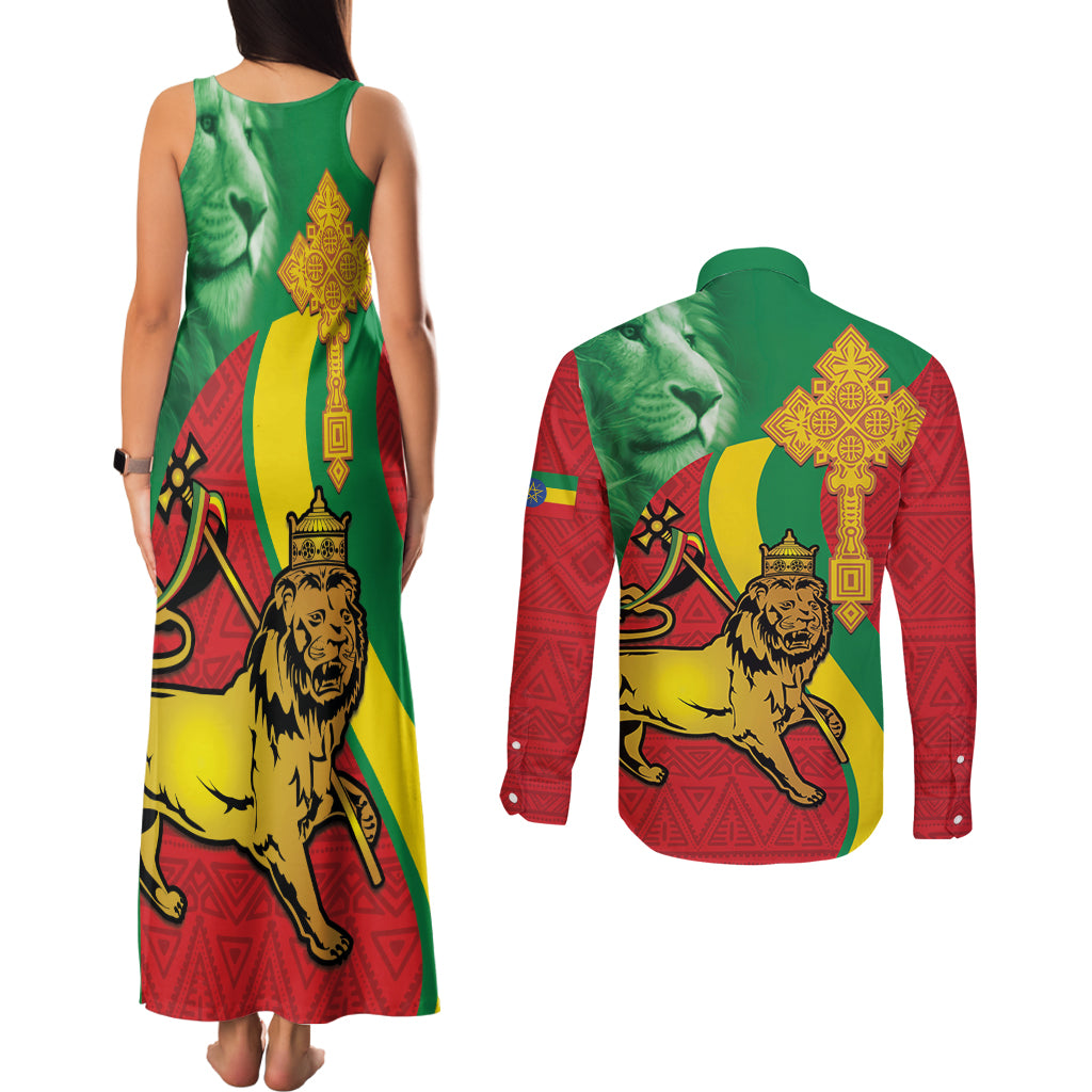 Ethiopia National Day Couples Matching Tank Maxi Dress and Long Sleeve Button Shirt Ethiopia Lion of Judah African Pattern - Wonder Print Shop