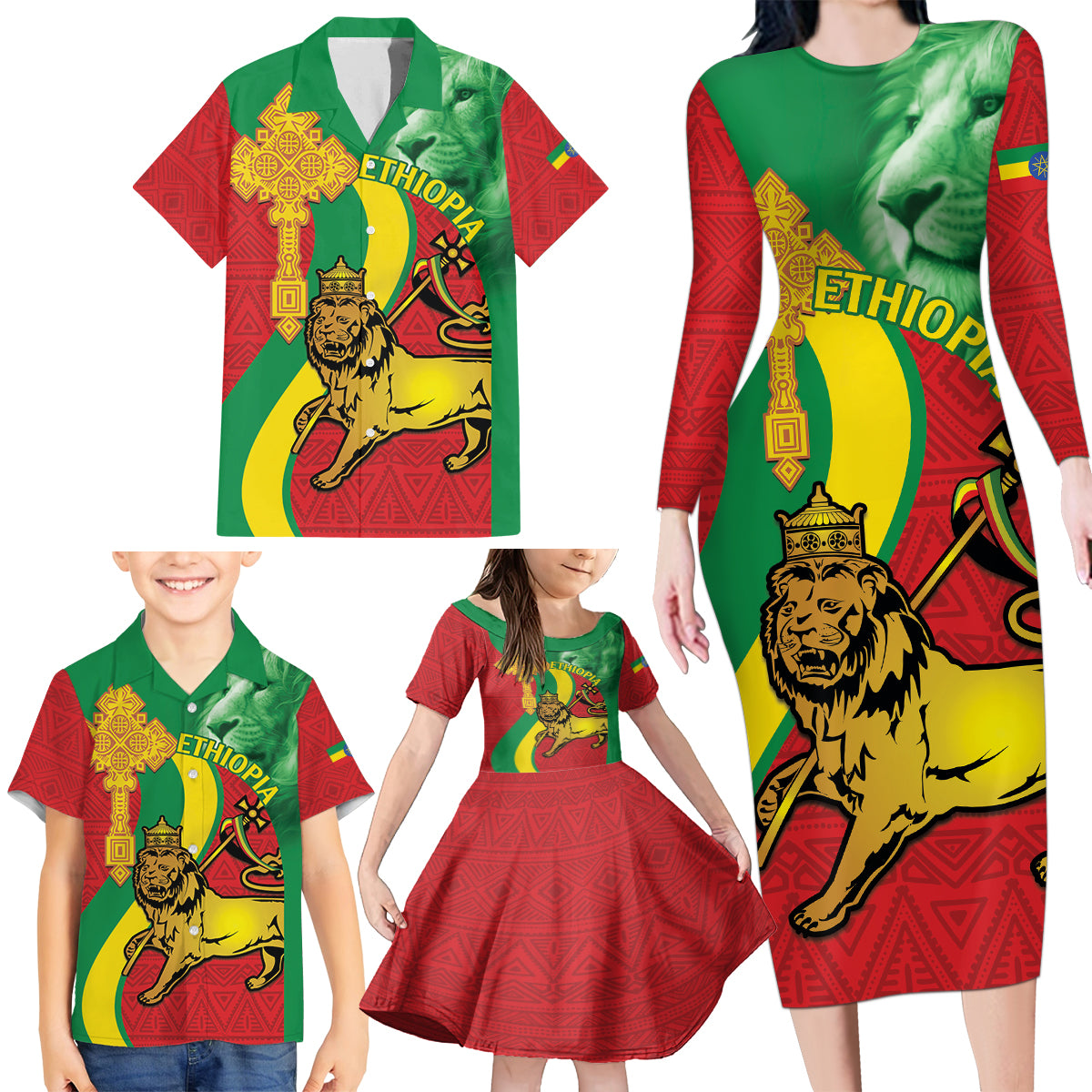 Ethiopia National Day Family Matching Long Sleeve Bodycon Dress and Hawaiian Shirt Ethiopia Lion of Judah African Pattern - Wonder Print Shop