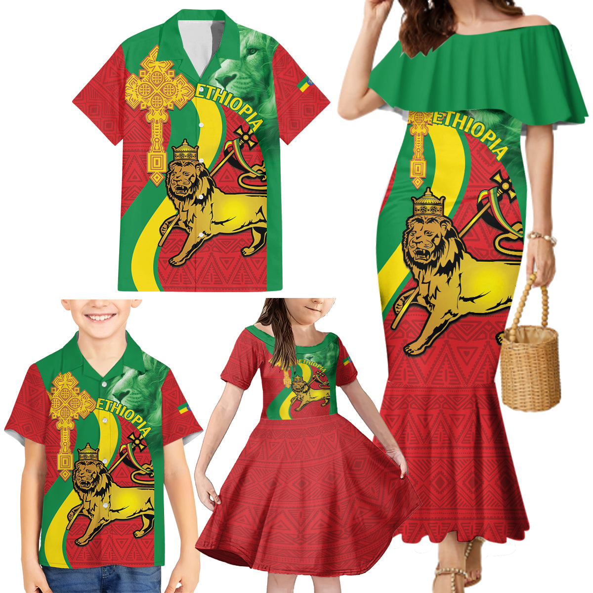 Ethiopia National Day Family Matching Mermaid Dress and Hawaiian Shirt Ethiopia Lion of Judah African Pattern - Wonder Print Shop
