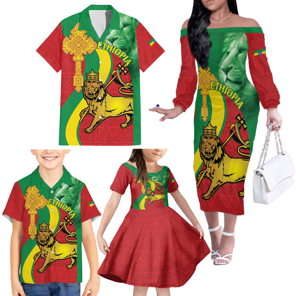 Ethiopia National Day Family Matching Off The Shoulder Long Sleeve Dress and Hawaiian Shirt Ethiopia Lion of Judah African Pattern - Wonder Print Shop