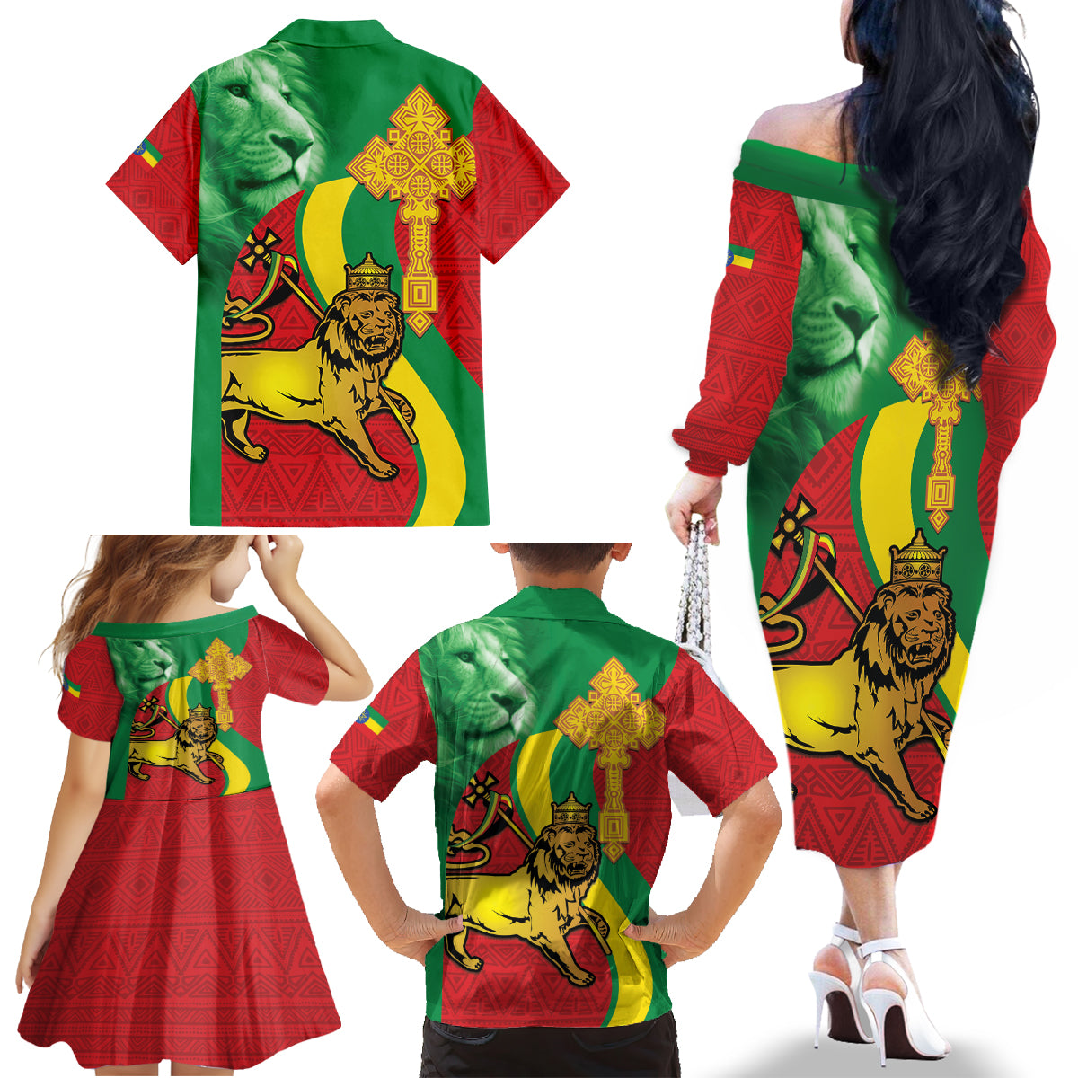 Ethiopia National Day Family Matching Off The Shoulder Long Sleeve Dress and Hawaiian Shirt Ethiopia Lion of Judah African Pattern - Wonder Print Shop