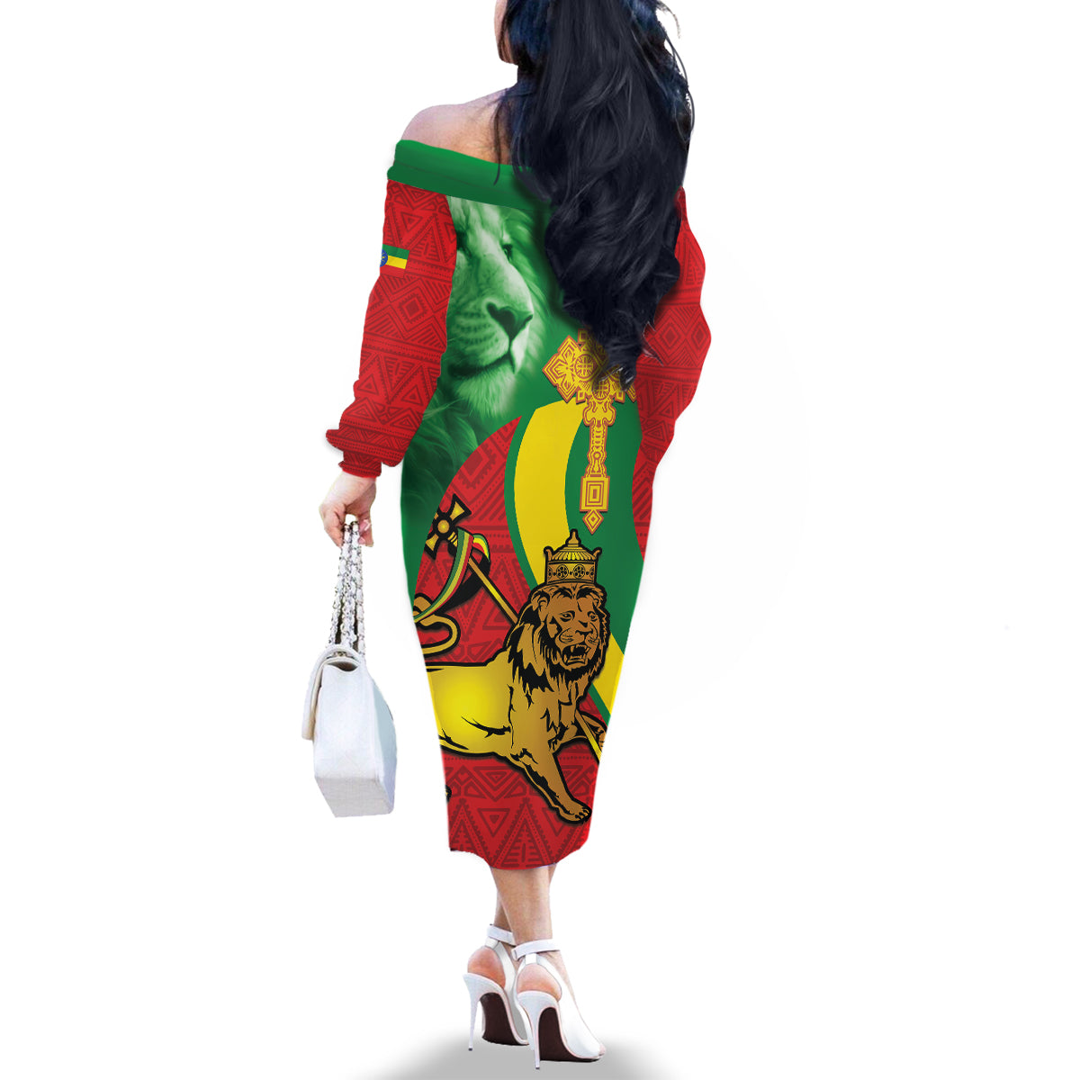 Ethiopia National Day Family Matching Off The Shoulder Long Sleeve Dress and Hawaiian Shirt Ethiopia Lion of Judah African Pattern - Wonder Print Shop