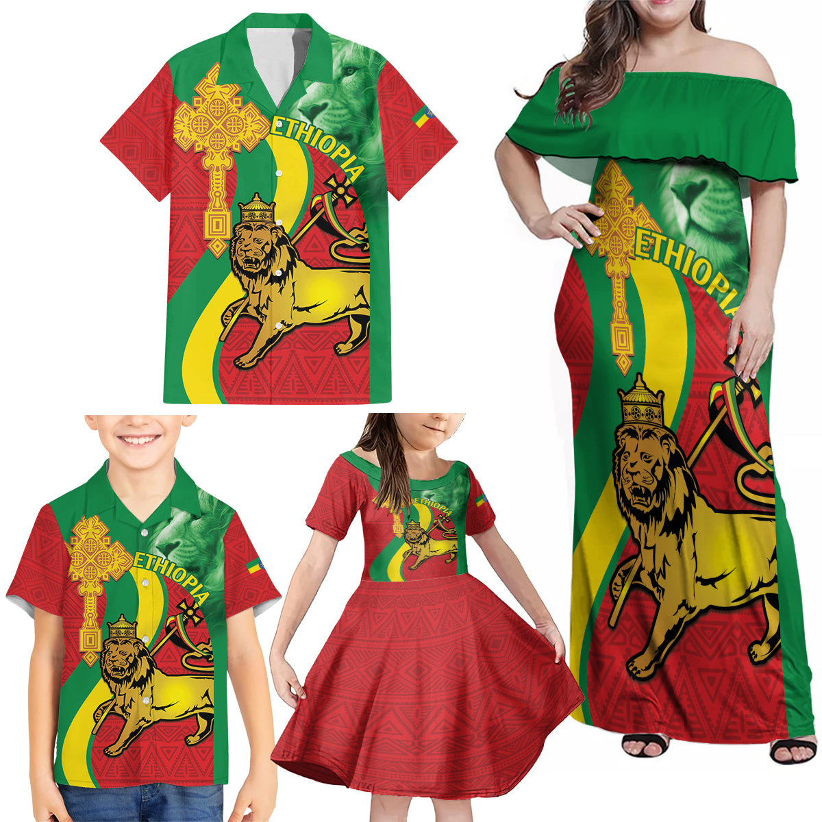 Ethiopia National Day Family Matching Off Shoulder Maxi Dress and Hawaiian Shirt Ethiopia Lion of Judah African Pattern - Wonder Print Shop