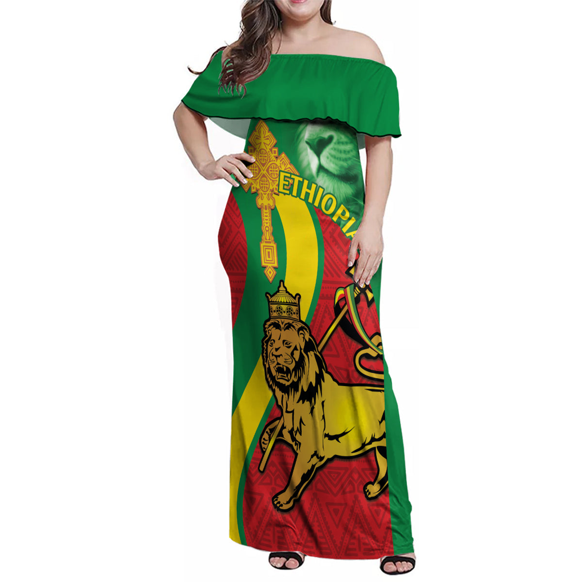 Ethiopia National Day Family Matching Off Shoulder Maxi Dress and Hawaiian Shirt Ethiopia Lion of Judah African Pattern - Wonder Print Shop
