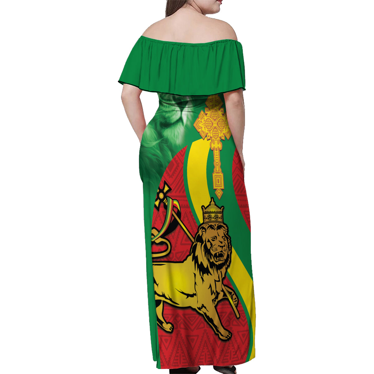 Ethiopia National Day Family Matching Off Shoulder Maxi Dress and Hawaiian Shirt Ethiopia Lion of Judah African Pattern - Wonder Print Shop