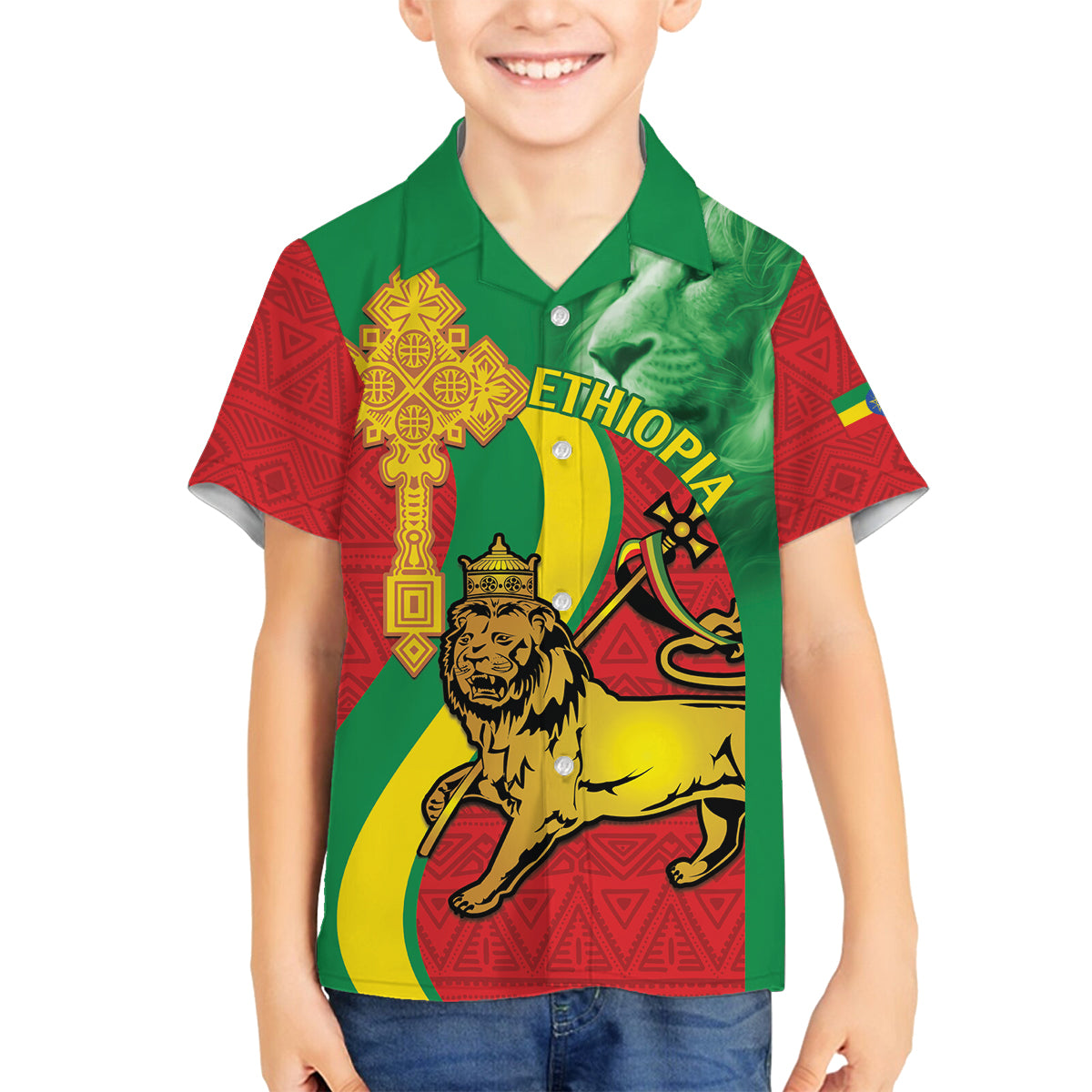 Ethiopia National Day Family Matching Off Shoulder Maxi Dress and Hawaiian Shirt Ethiopia Lion of Judah African Pattern - Wonder Print Shop