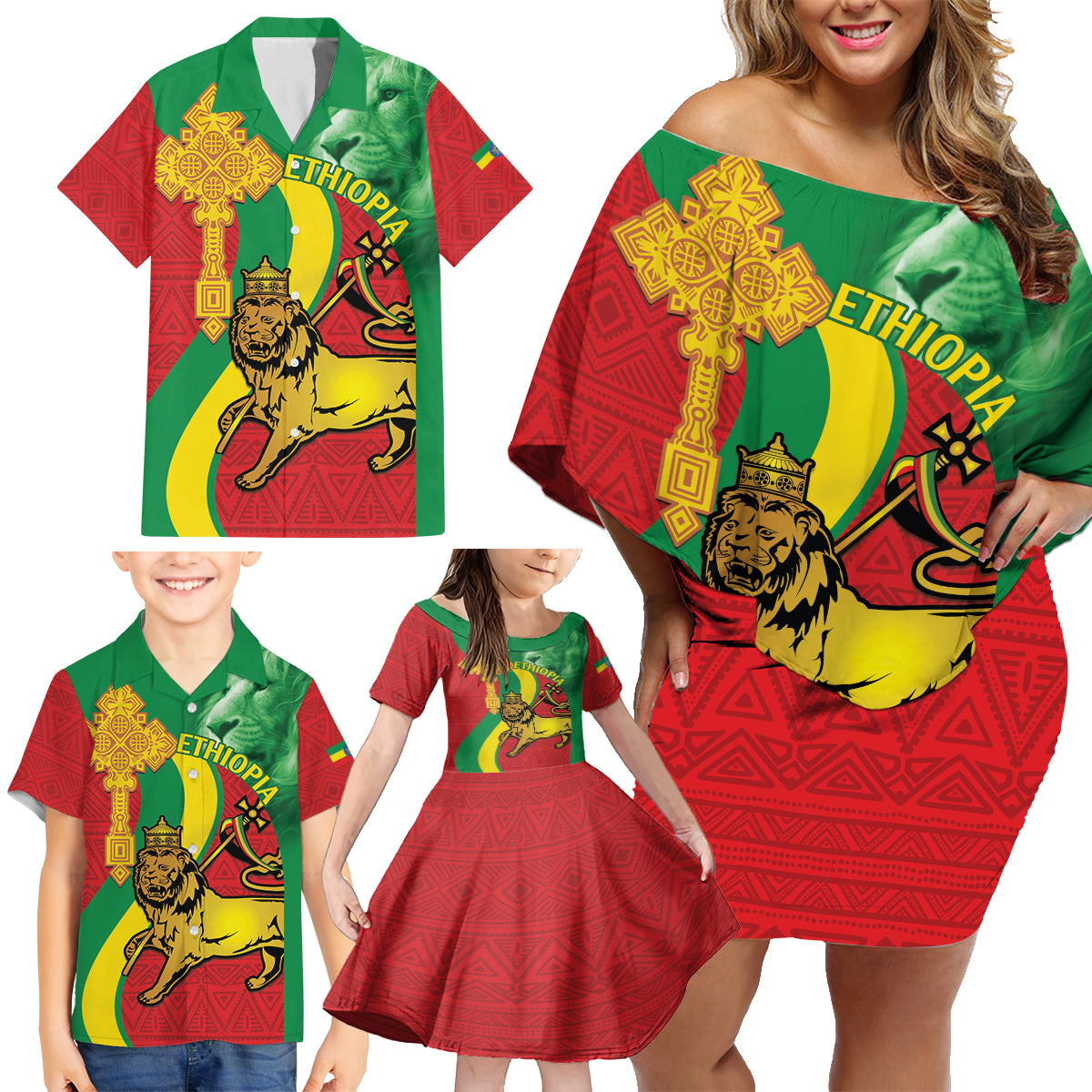 Ethiopia National Day Family Matching Off Shoulder Short Dress and Hawaiian Shirt Ethiopia Lion of Judah African Pattern - Wonder Print Shop