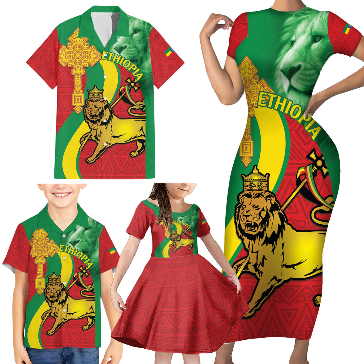 Ethiopia National Day Family Matching Short Sleeve Bodycon Dress and Hawaiian Shirt Ethiopia Lion of Judah African Pattern - Wonder Print Shop