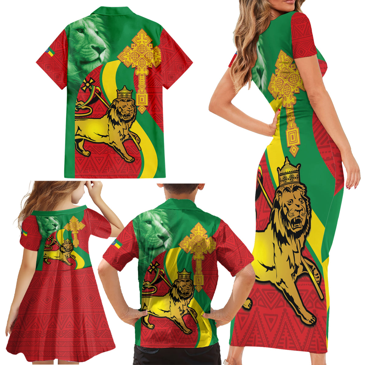 Ethiopia National Day Family Matching Short Sleeve Bodycon Dress and Hawaiian Shirt Ethiopia Lion of Judah African Pattern - Wonder Print Shop