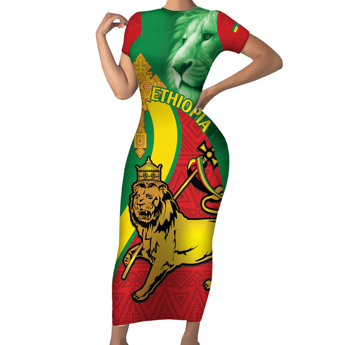 Ethiopia National Day Family Matching Short Sleeve Bodycon Dress and Hawaiian Shirt Ethiopia Lion of Judah African Pattern - Wonder Print Shop
