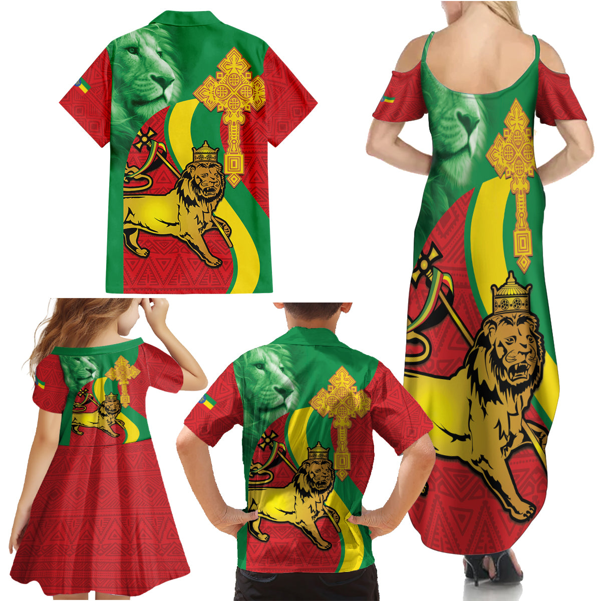 Ethiopia National Day Family Matching Summer Maxi Dress and Hawaiian Shirt Ethiopia Lion of Judah African Pattern - Wonder Print Shop