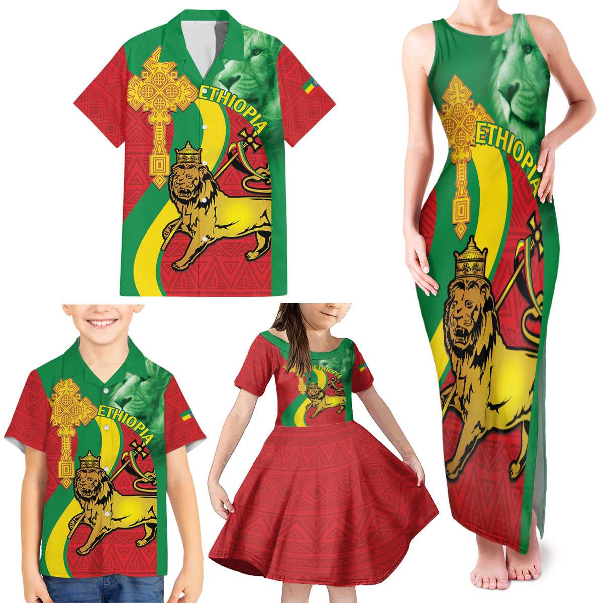 Ethiopia National Day Family Matching Tank Maxi Dress and Hawaiian Shirt Ethiopia Lion of Judah African Pattern - Wonder Print Shop