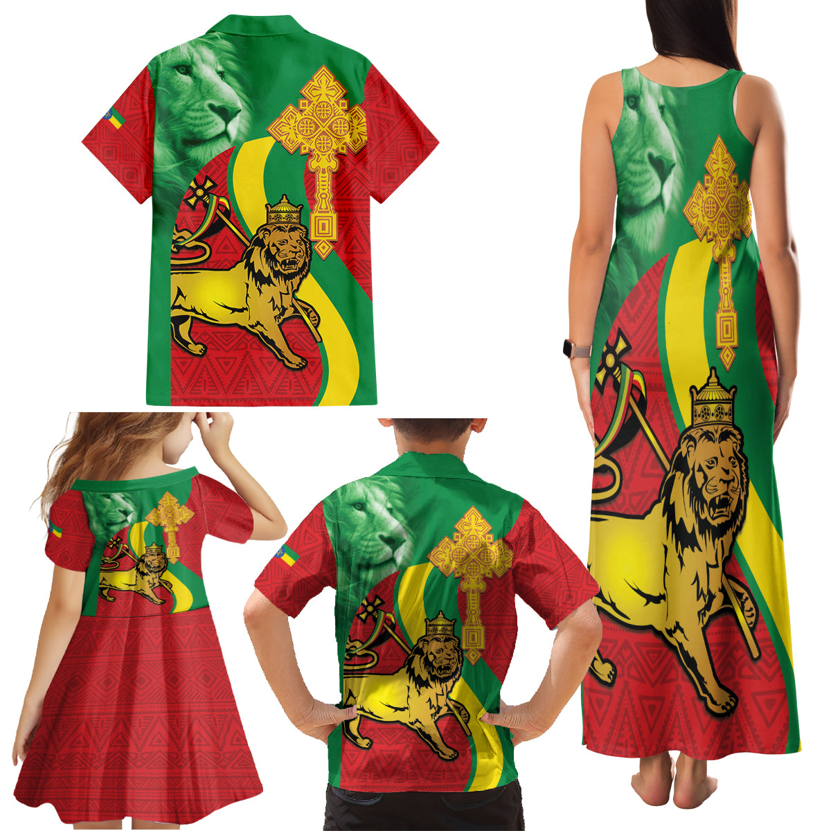 Ethiopia National Day Family Matching Tank Maxi Dress and Hawaiian Shirt Ethiopia Lion of Judah African Pattern - Wonder Print Shop
