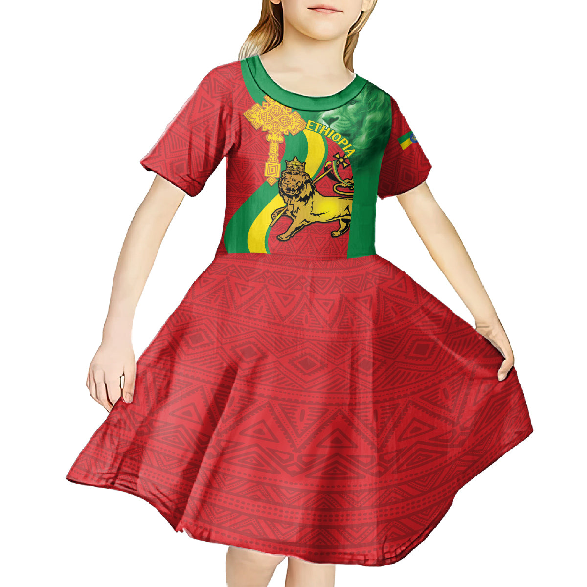 Ethiopia National Day Kid Short Sleeve Dress Ethiopia Lion of Judah African Pattern - Wonder Print Shop
