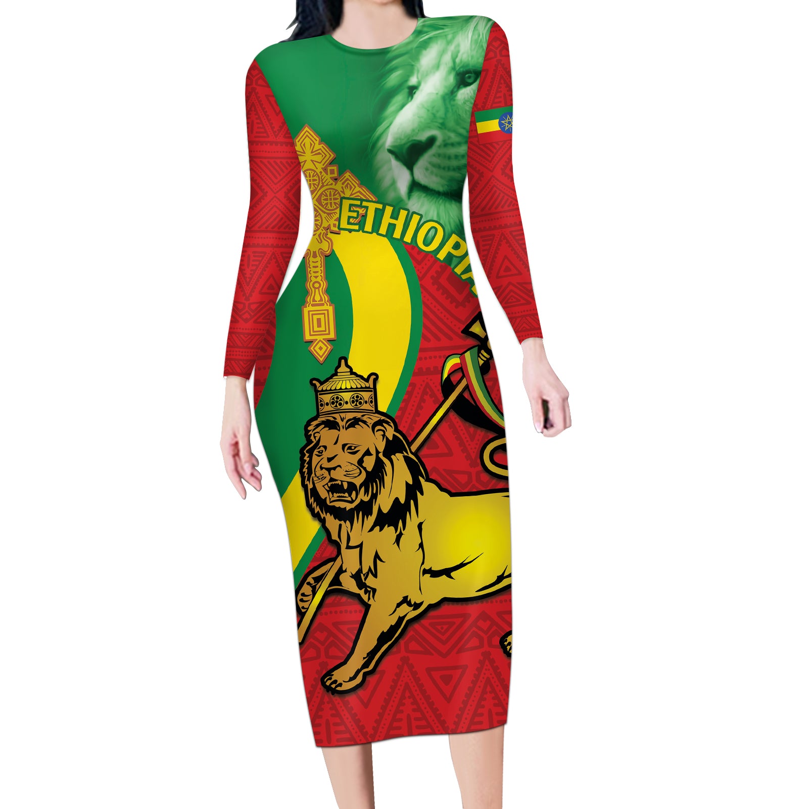Ethiopia National Day Long Sleeve Bodycon Dress Ethiopia Lion of Judah African Pattern - Wonder Print Shop