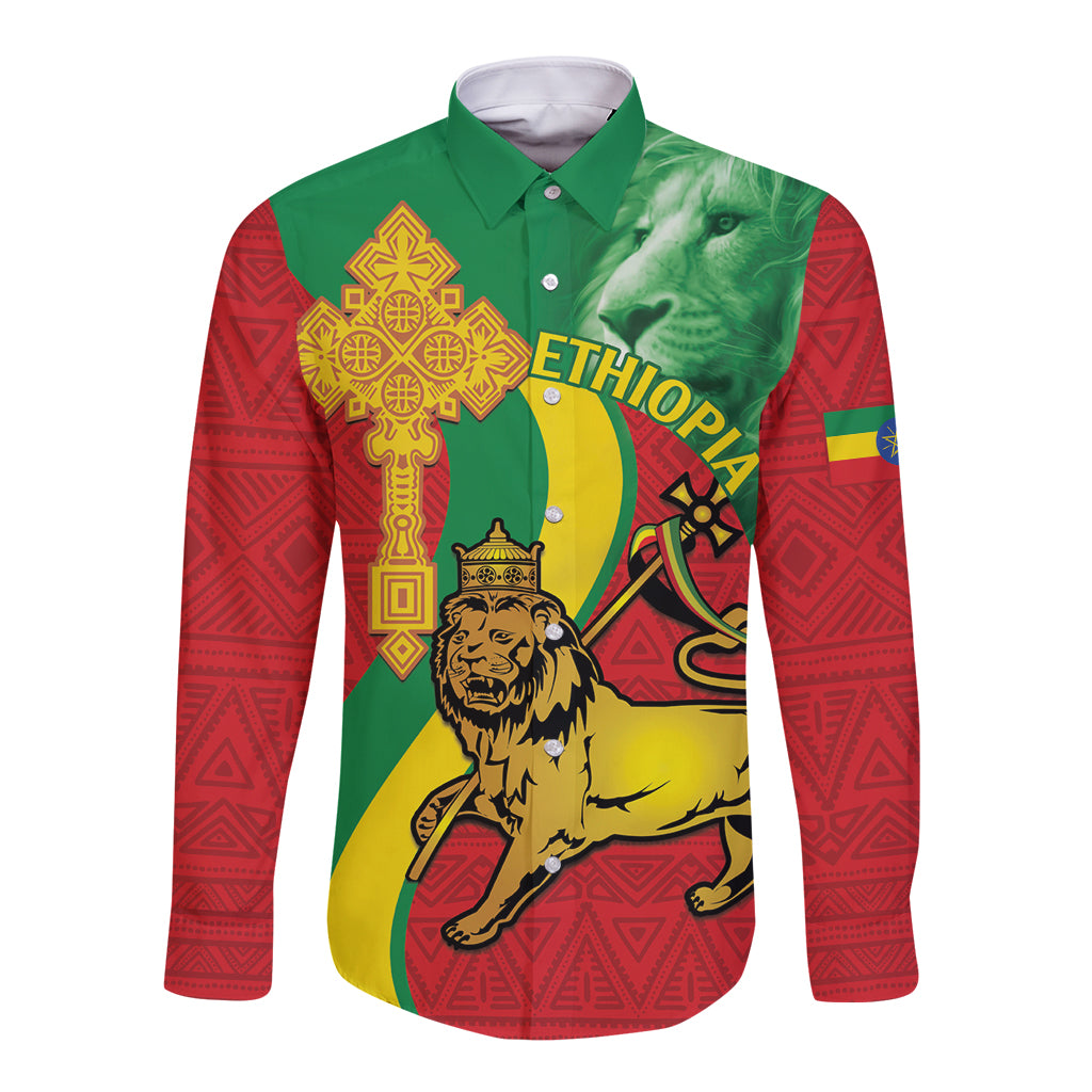 Ethiopia National Day Long Sleeve Button Shirt Ethiopia Lion of Judah African Pattern - Wonder Print Shop