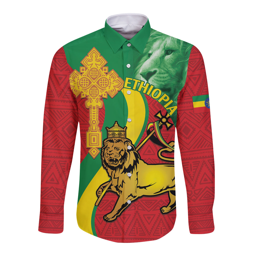 Ethiopia National Day Long Sleeve Button Shirt Ethiopia Lion of Judah African Pattern