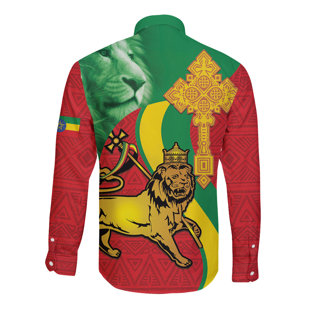 Ethiopia National Day Long Sleeve Button Shirt Ethiopia Lion of Judah African Pattern - Wonder Print Shop