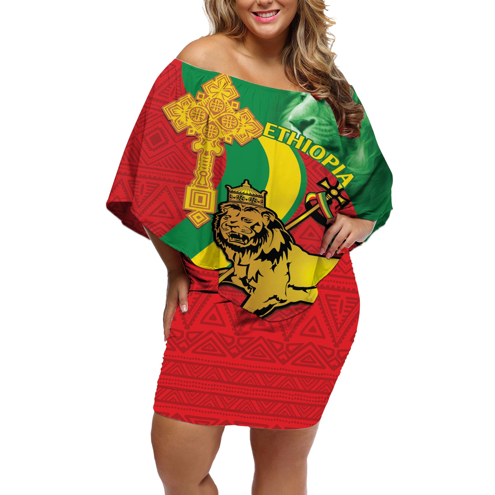Ethiopia National Day Off Shoulder Short Dress Ethiopia Lion of Judah African Pattern