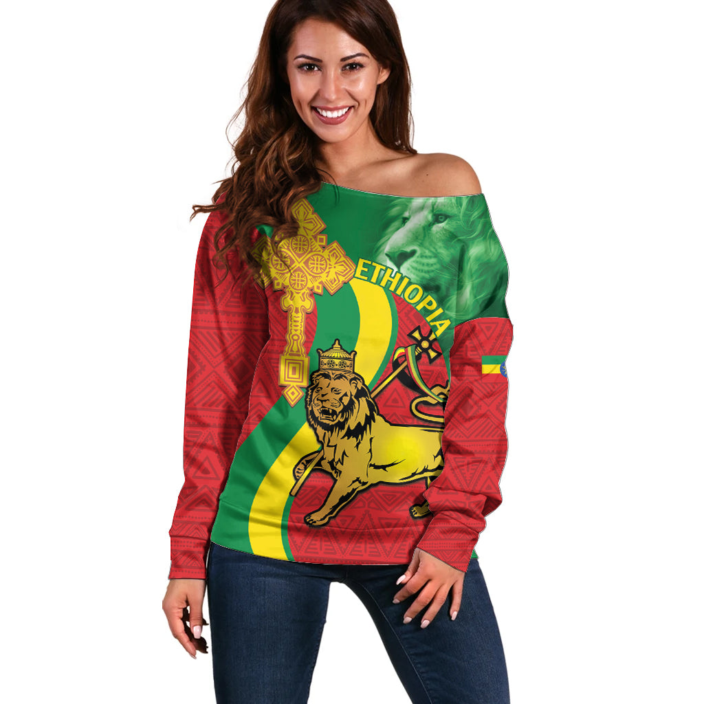 Ethiopia National Day Off Shoulder Sweater Ethiopia Lion of Judah African Pattern - Wonder Print Shop