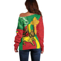 Ethiopia National Day Off Shoulder Sweater Ethiopia Lion of Judah African Pattern - Wonder Print Shop