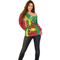 Ethiopia National Day Off Shoulder Sweater Ethiopia Lion of Judah African Pattern - Wonder Print Shop
