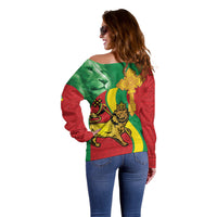 Ethiopia National Day Off Shoulder Sweater Ethiopia Lion of Judah African Pattern - Wonder Print Shop