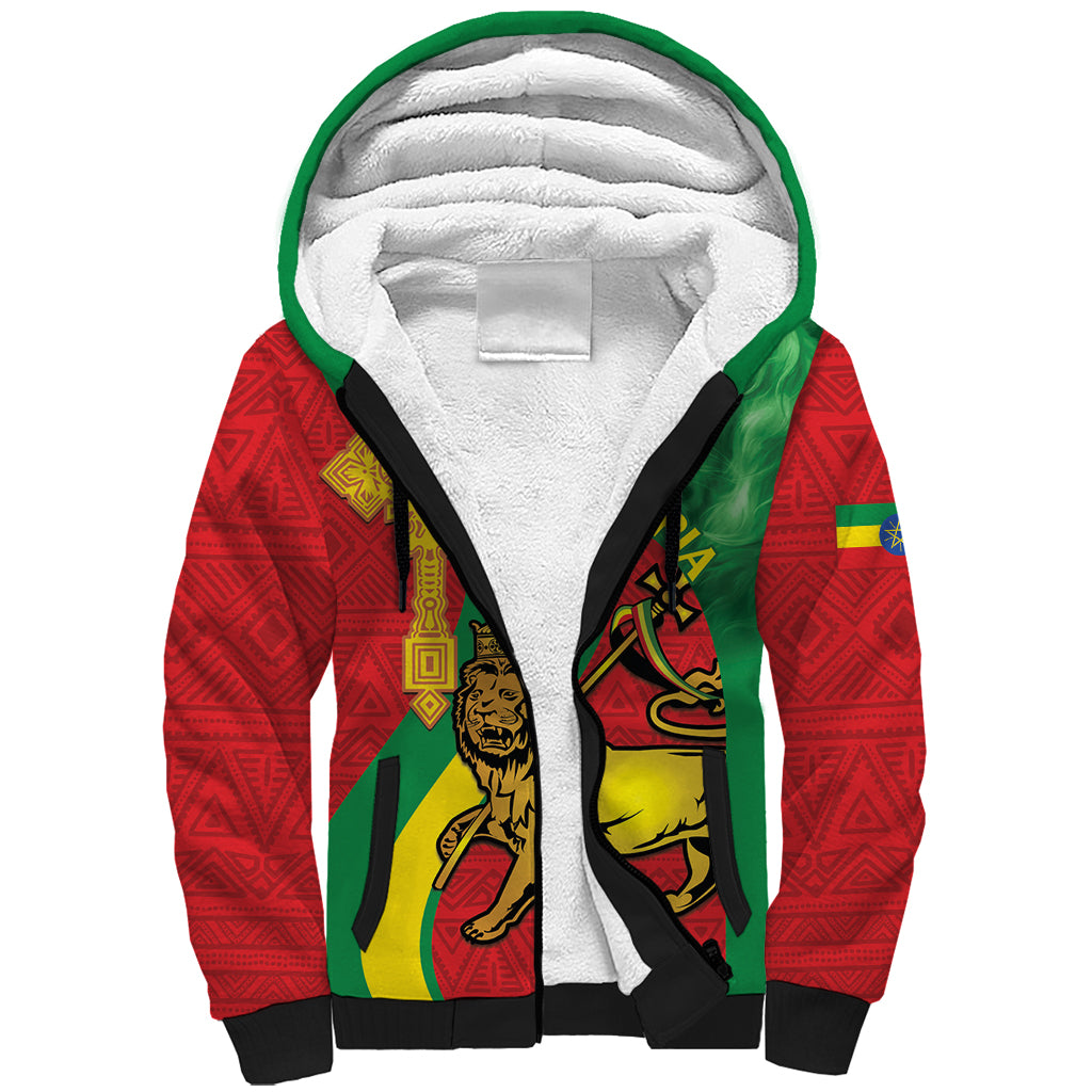 Ethiopia National Day Sherpa Hoodie Ethiopia Lion of Judah African Pattern - Wonder Print Shop