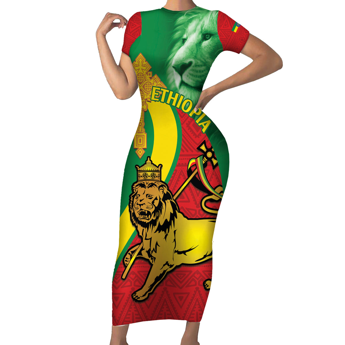 Ethiopia National Day Short Sleeve Bodycon Dress Ethiopia Lion of Judah African Pattern - Wonder Print Shop