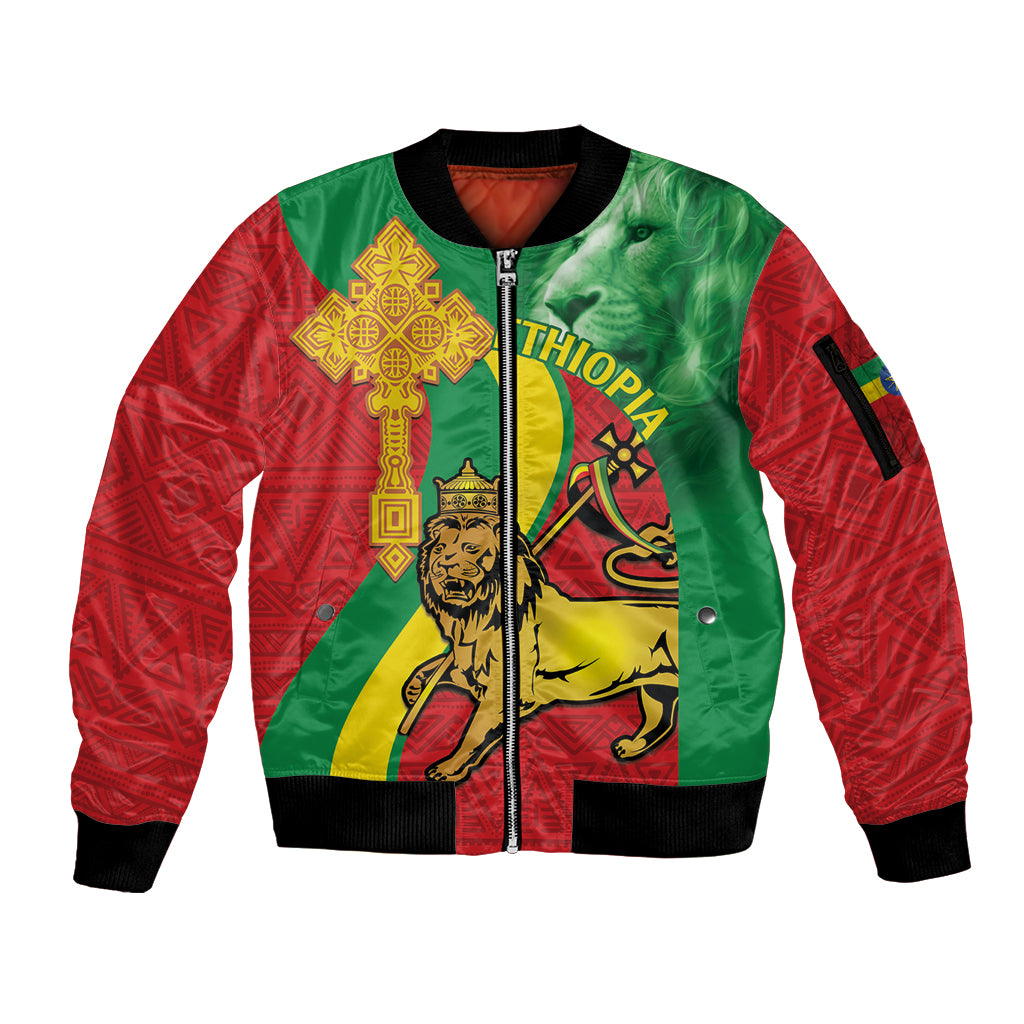 Ethiopia National Day Sleeve Zip Bomber Jacket Ethiopia Lion of Judah African Pattern - Wonder Print Shop