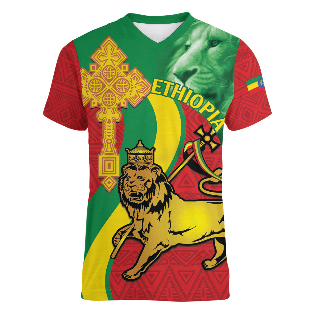 Ethiopia National Day Women V-Neck T-Shirt Ethiopia Lion of Judah African Pattern - Wonder Print Shop
