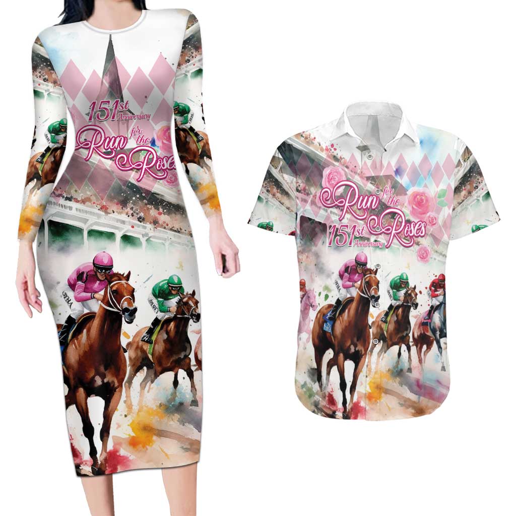 Personalized Kentucky Horse Racing Couples Matching Long Sleeve Bodycon Dress and Hawaiian Shirt 151st Anniversary Run For The Roses