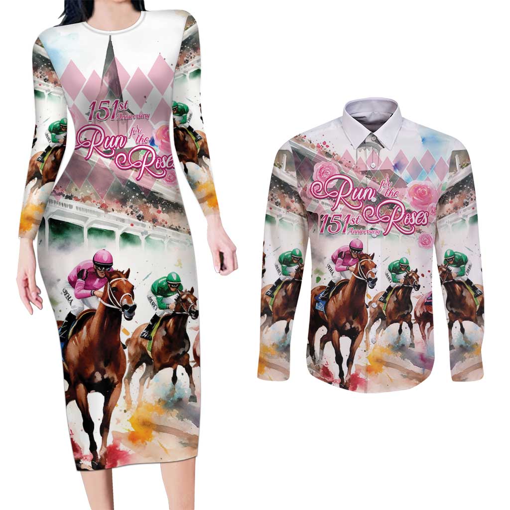 Personalized Kentucky Horse Racing Couples Matching Long Sleeve Bodycon Dress and Long Sleeve Button Shirt 151st Anniversary Run For The Roses