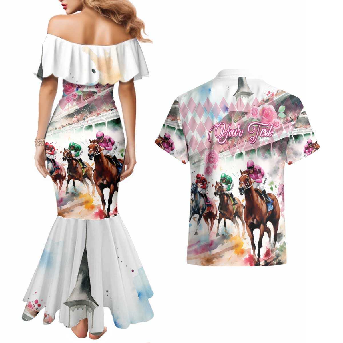 Personalized Kentucky Horse Racing Couples Matching Mermaid Dress and Hawaiian Shirt 151st Anniversary Run For The Roses